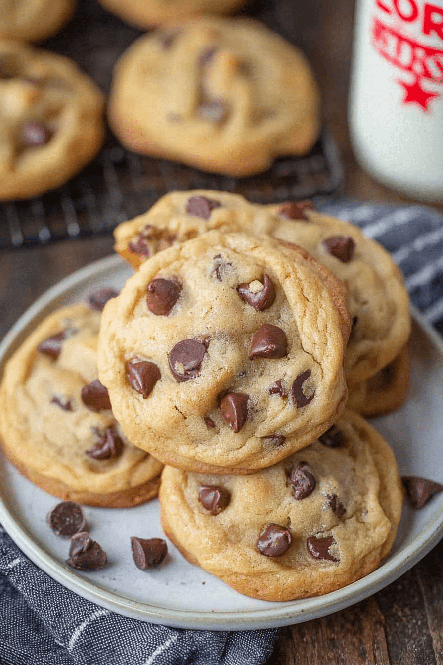 Freshly baked bakery style chocolate chip cookies with melted chocolate chips and a glass of milk