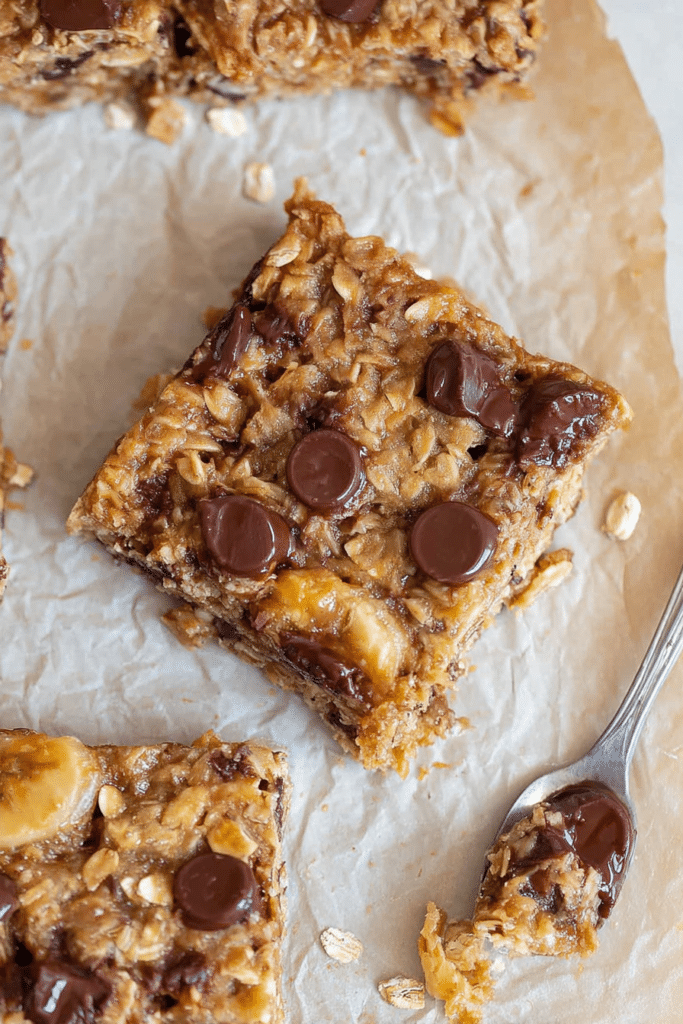 Delicious banana oatmeal bars stacked on a rustic wooden plate with fresh bananas and oats.