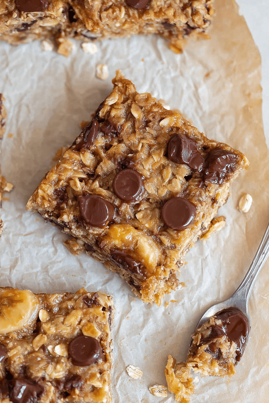 Delicious banana oatmeal bars stacked on a rustic wooden plate with fresh bananas and oats.