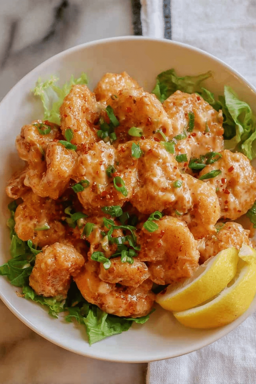 Crispy bang bang shrimp served with Thai chili sauce and garnished with scallions.