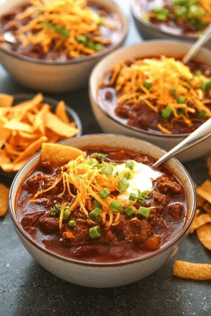 Delicious beef chili topped with cheddar cheese and green onions, served with Fritos.