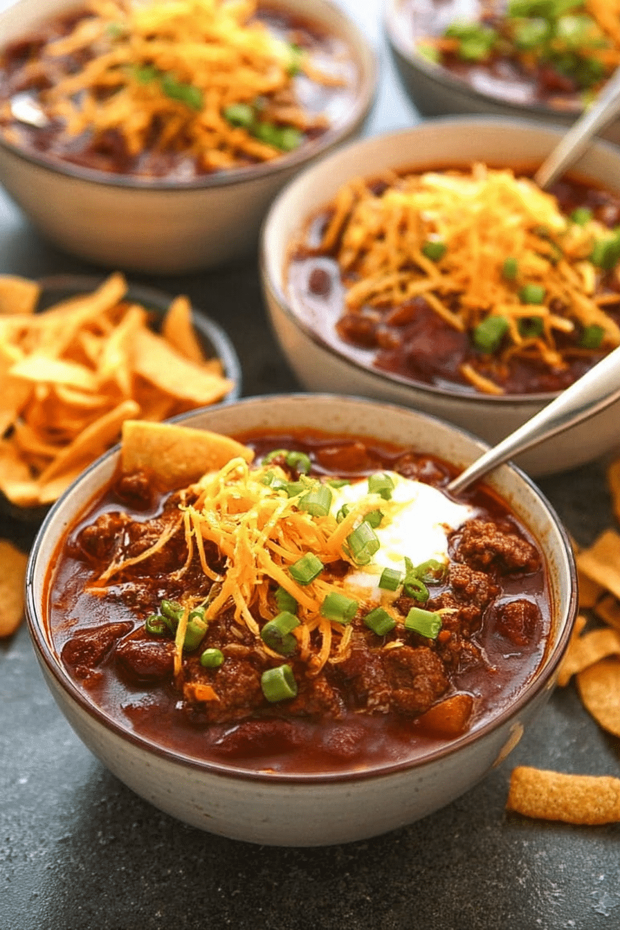 Delicious beef chili topped with cheddar cheese and green onions, served with Fritos.