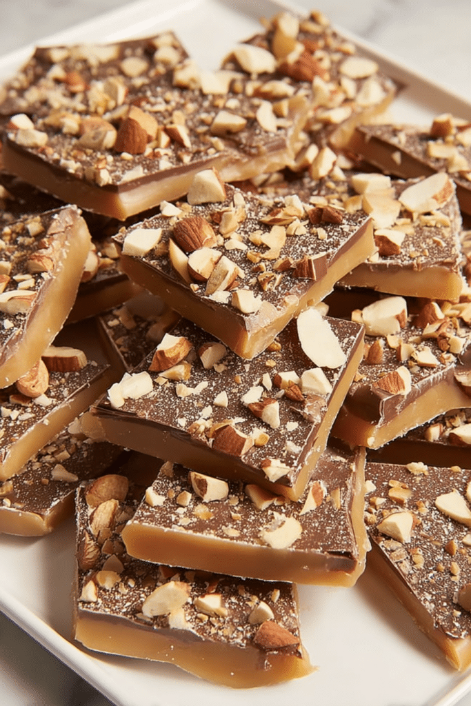Delicious homemade toffee pieces with almonds and chocolate, perfect for holiday gifts.