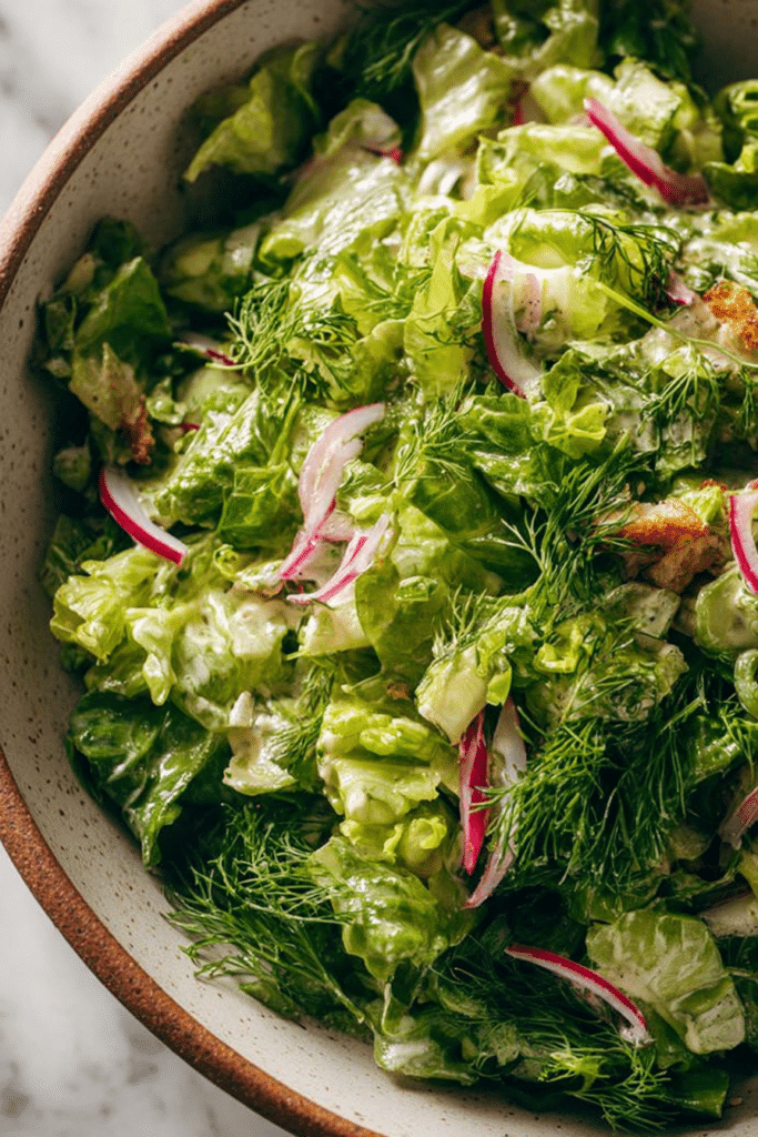 Bowl of Liz's Bistro Salad with fresh greens and pickled onions on a wooden table.