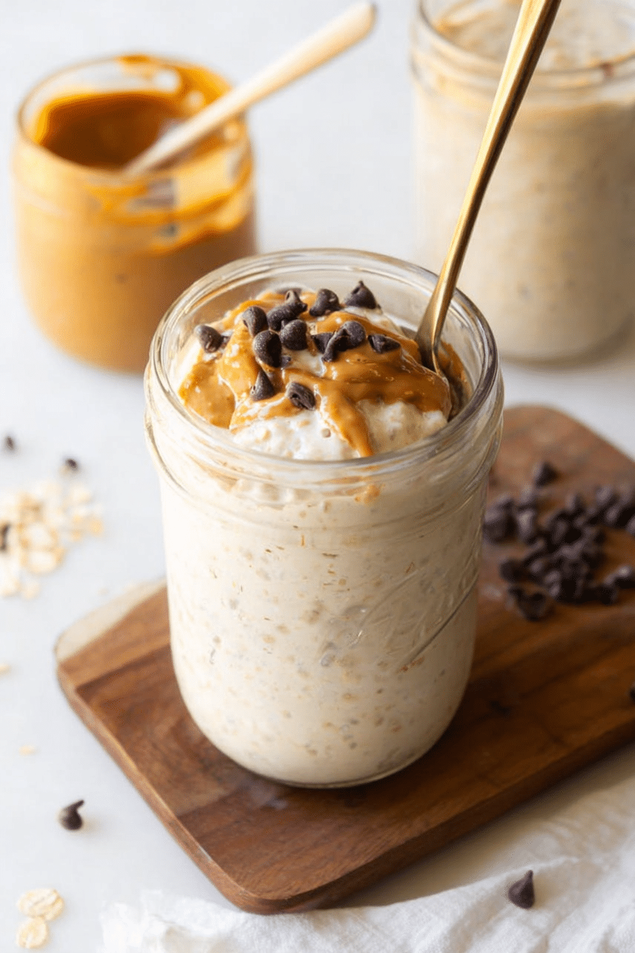 Creamy blended overnight oats in a mason jar topped with fresh berries and banana slices.