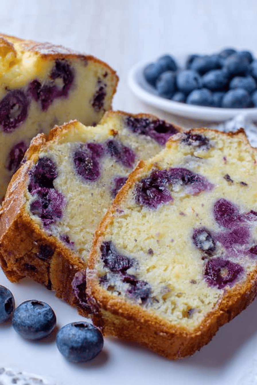 Sliced blueberry cream cheese loaf with blueberries and a cup of tea on a wooden cutting board.