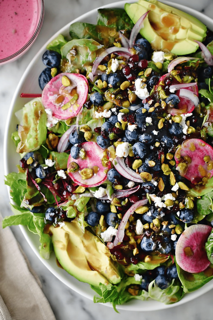 Vibrant Blueberry Pistachio Spring Salad with fresh greens, blueberries, and feta on a wooden table.