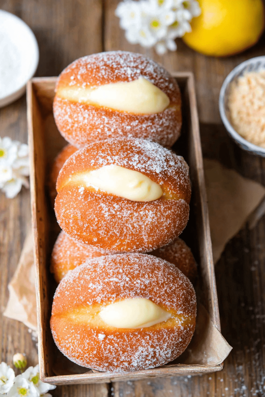 Delicious Italian bombolone filled with creamy pastry cream and dusted with sugar, displayed on a wooden surface.