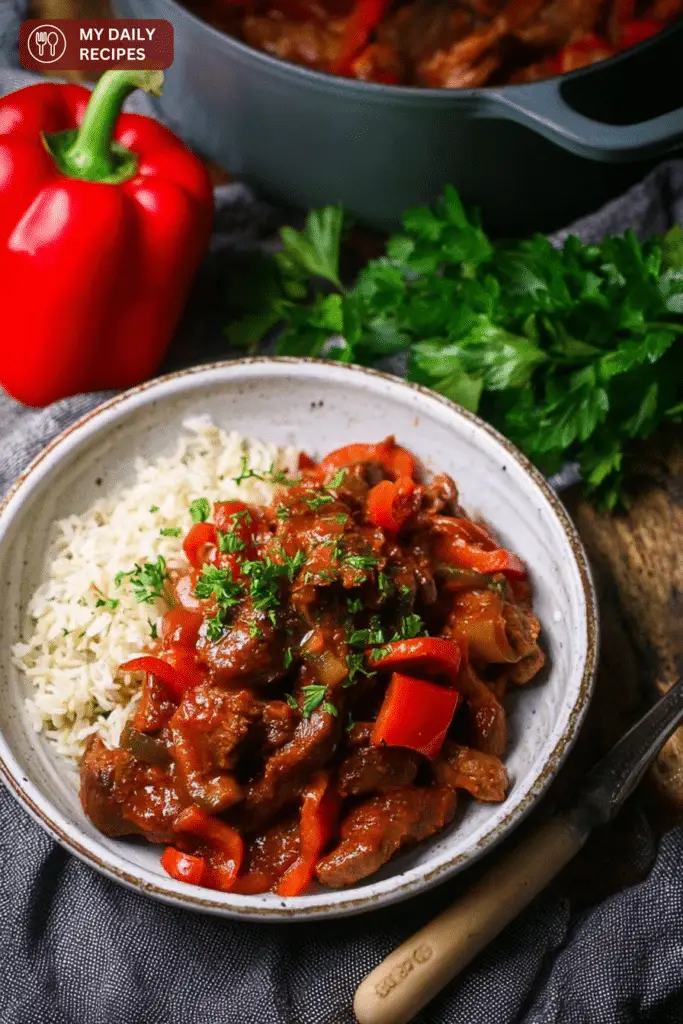 Braised veal and peppers served on a plate with pasta, topped with fresh parsley, showcasing an Italian main dish.