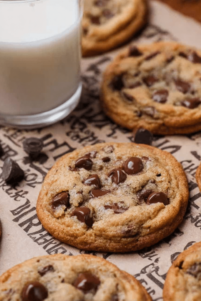 Freshly baked brown butter sourdough discard chocolate chip cookies on a wooden table, paired with a glass of milk.