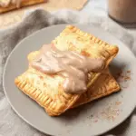 Homemade brown sugar cinnamon pop-tarts on a wooden table with cinnamon sticks and brown sugar, showcasing their delicious glaze.