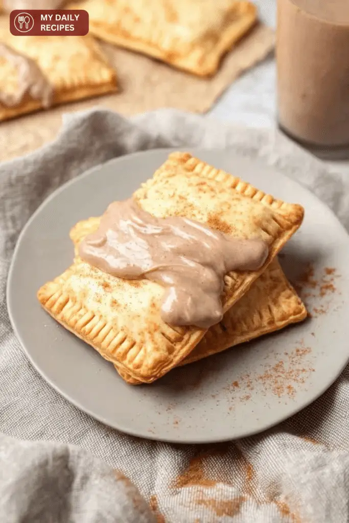 Homemade brown sugar cinnamon pop-tarts on a wooden table with cinnamon sticks and brown sugar, showcasing their delicious glaze.
