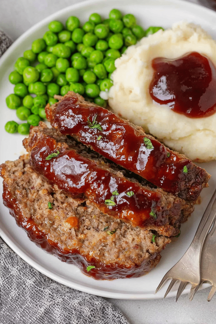 Slice of brown sugar glazed meatloaf with rosemary on a plate next to mashed potatoes and green beans.