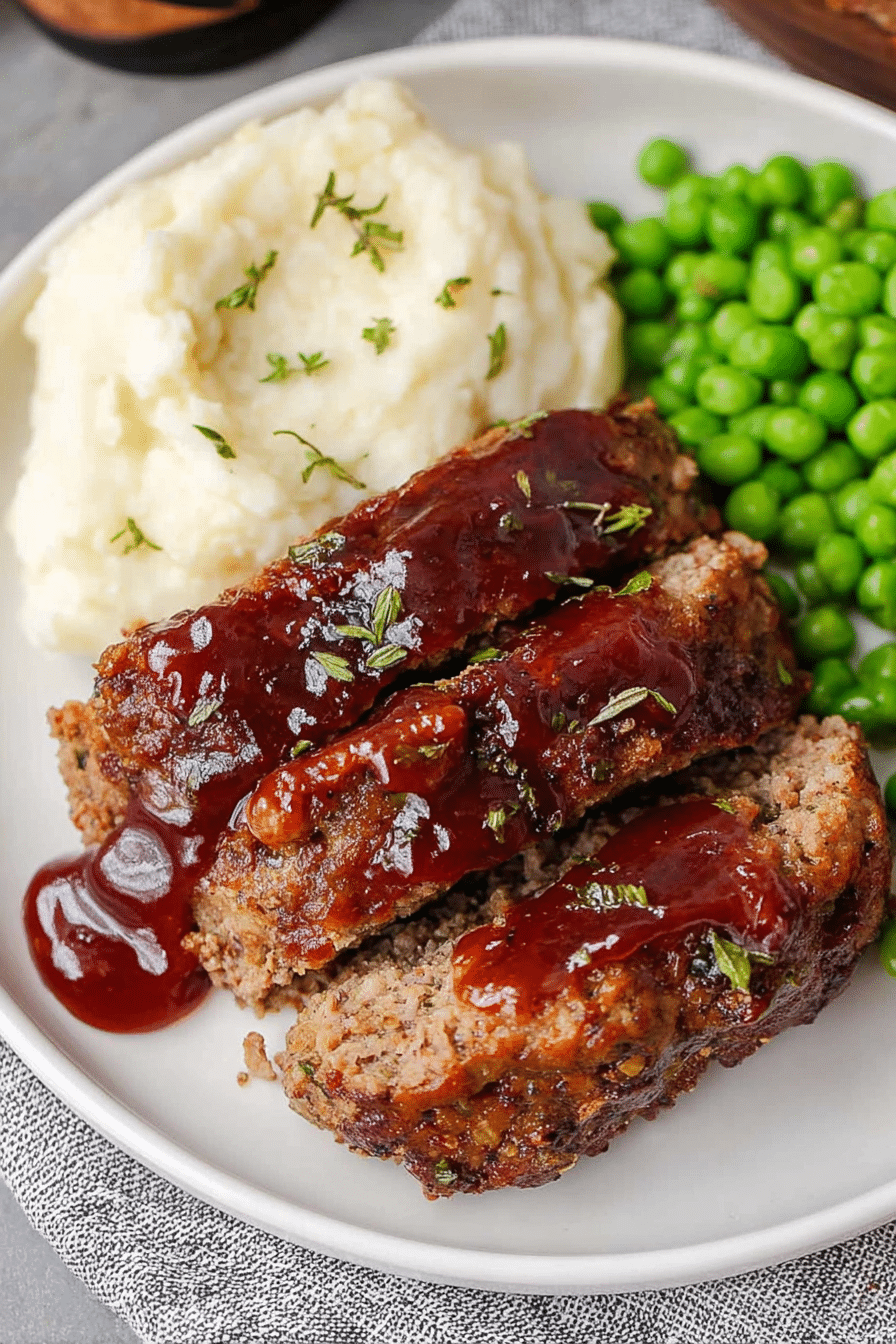 Sliced brown sugar glazed meatloaf on a wooden cutting board, garnished with rosemary.