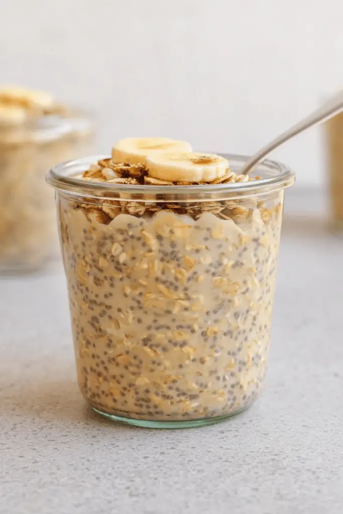 Delicious brown sugar overnight oats with banana and cinnamon in a rustic bowl.