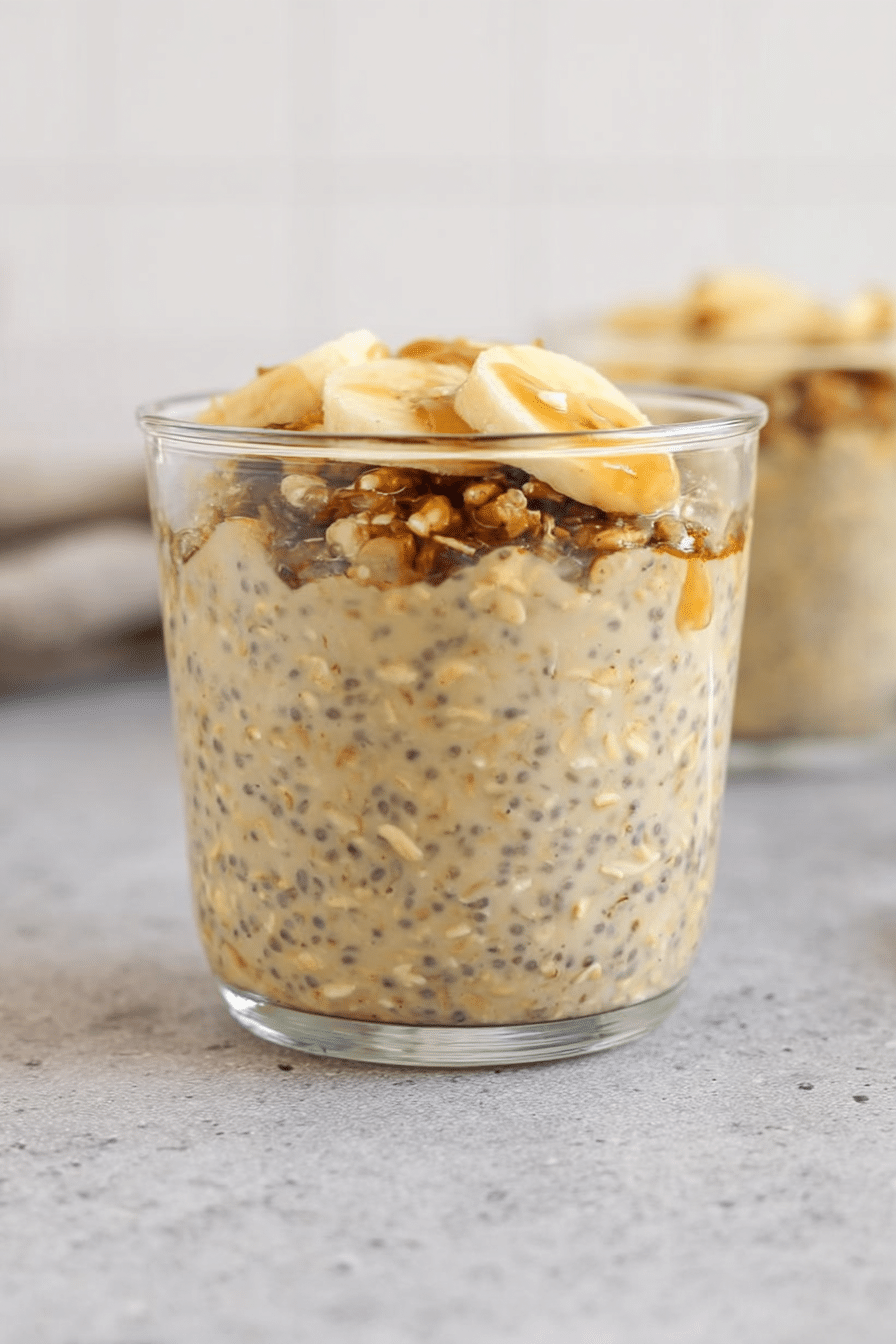 Delicious brown sugar overnight oats topped with fresh banana slices and cinnamon in a rustic bowl.