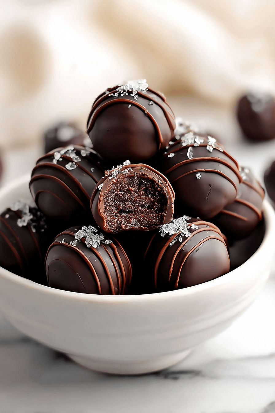 Close-up of brownie truffles covered in chocolate and colorful sprinkles on a white plate
