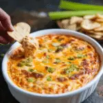 Creamy buffalo chicken dip with melted cheese and green onions, served with tortilla chips.