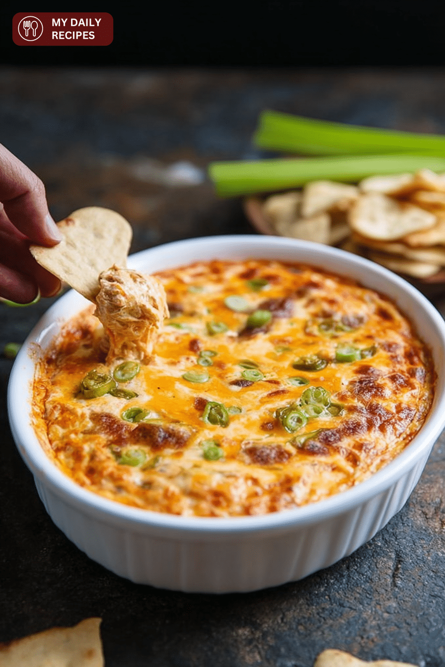 Creamy buffalo chicken dip with melted cheese and green onions, served with tortilla chips.