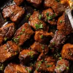 Cajun garlic butter steak bites topped with fresh parsley in a cast iron skillet.