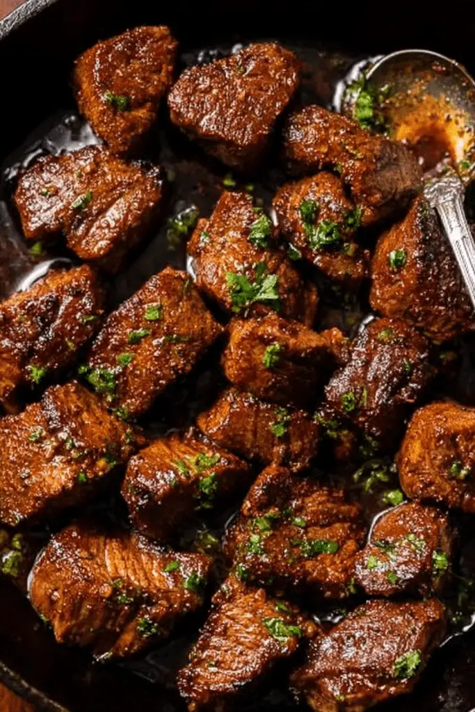 Cajun garlic butter steak bites topped with fresh parsley in a cast iron skillet.