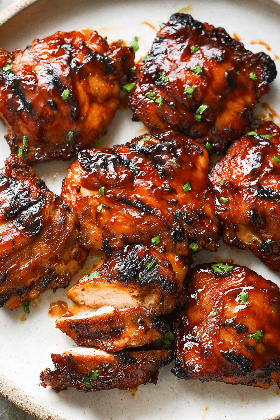 Close-up of caramelized BBQ chicken thighs on a baking sheet with crispy glaze and herbs