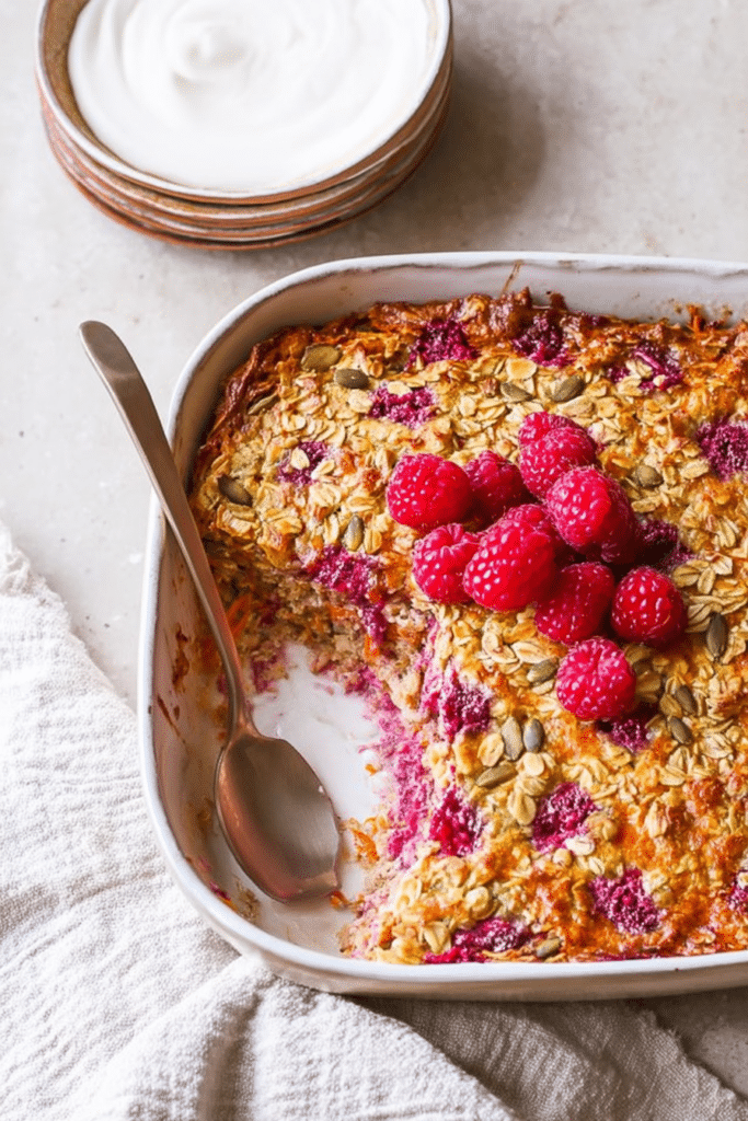 Slice of carrot and raspberry baked oats with fresh raspberries and shredded coconut in a white bowl.