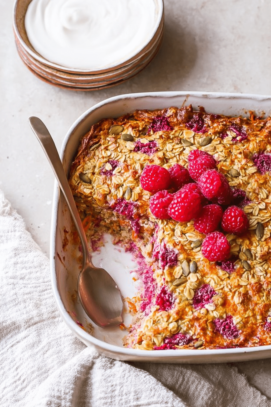 Slice of carrot and raspberry baked oats with fresh raspberries and shredded coconut in a white bowl.