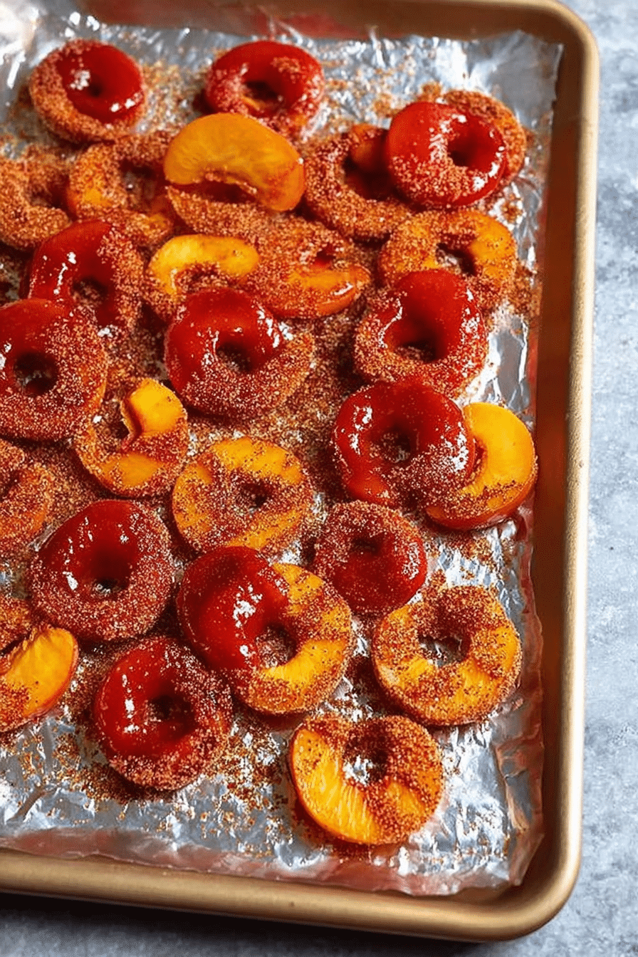 Close-up of chamoy peach rings coated in Tajín on a wooden table