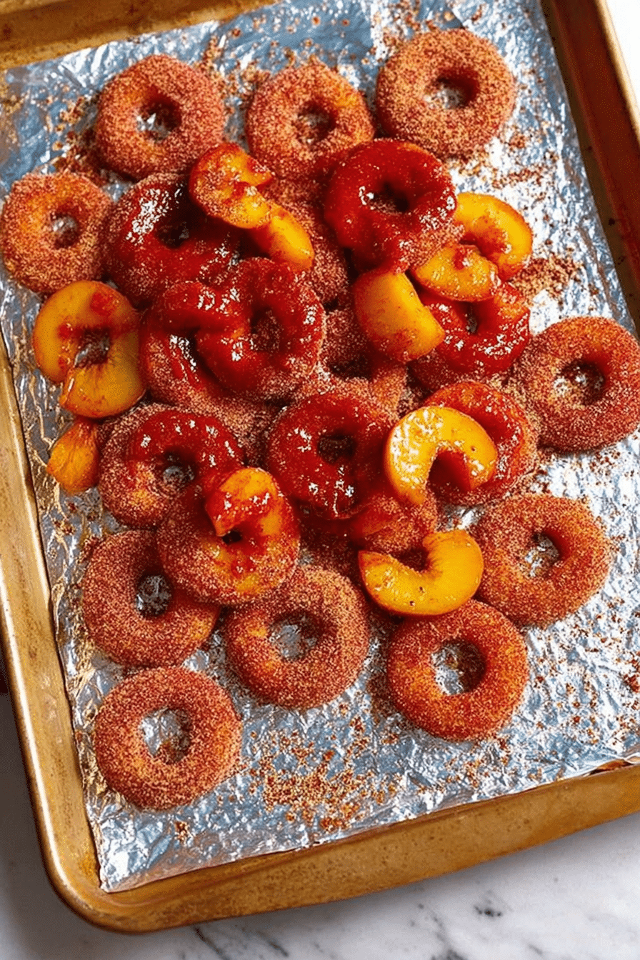 Delicious homemade chamoy peach rings coated with Tajín seasoning.