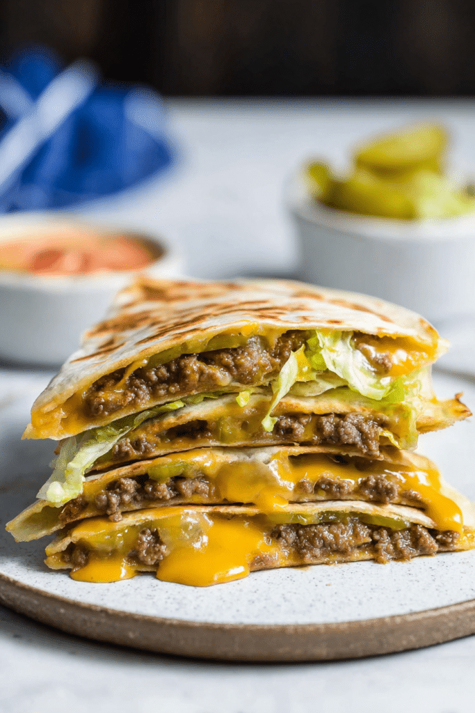 Delicious cheeseburger quesadillas filled with melted cheddar cheese and ground beef, served with pickle chips.