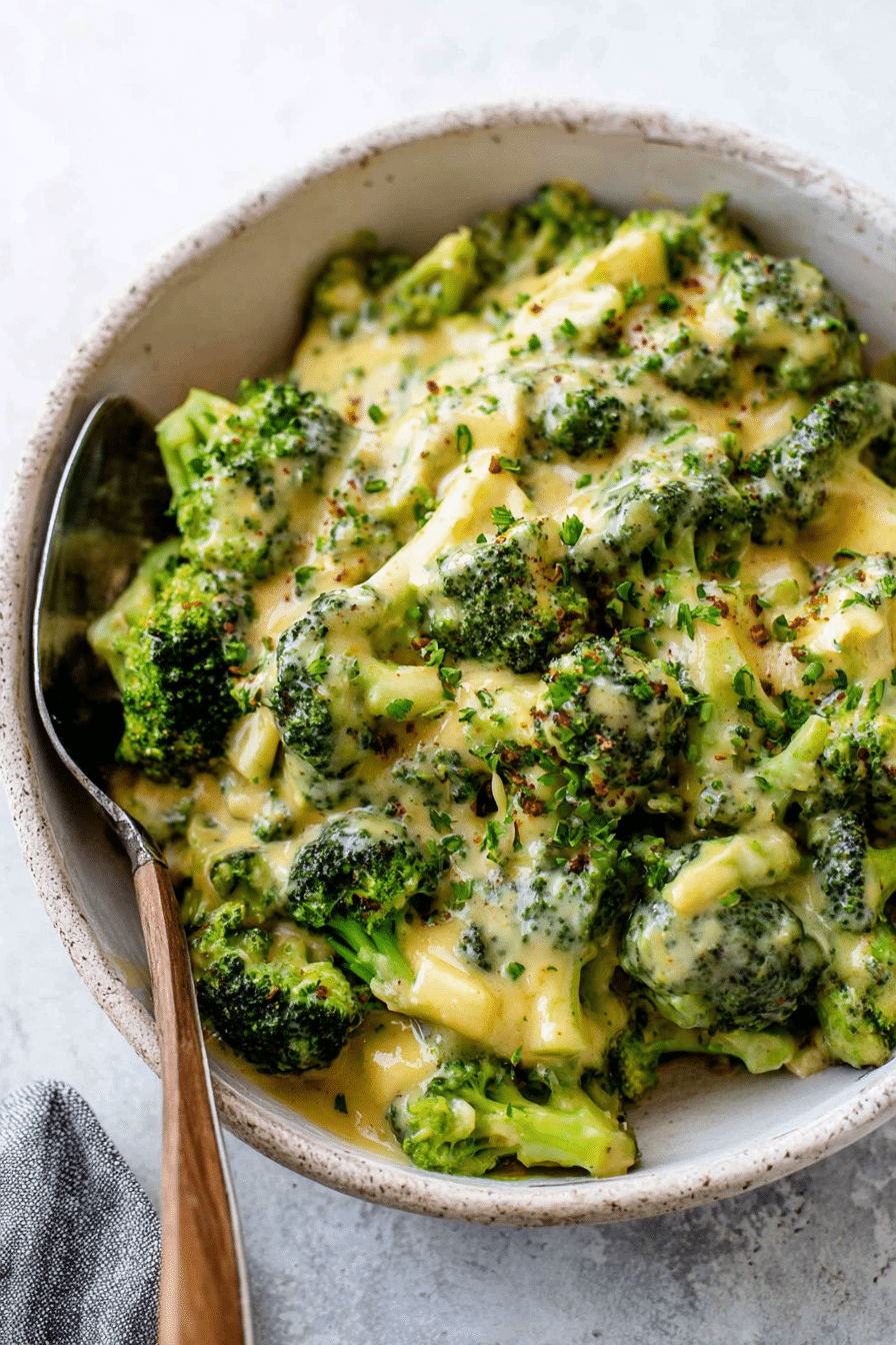 Delicious close-up of cheesy broccoli with melted cheddar and Parmesan cheese, garnished with herbs.