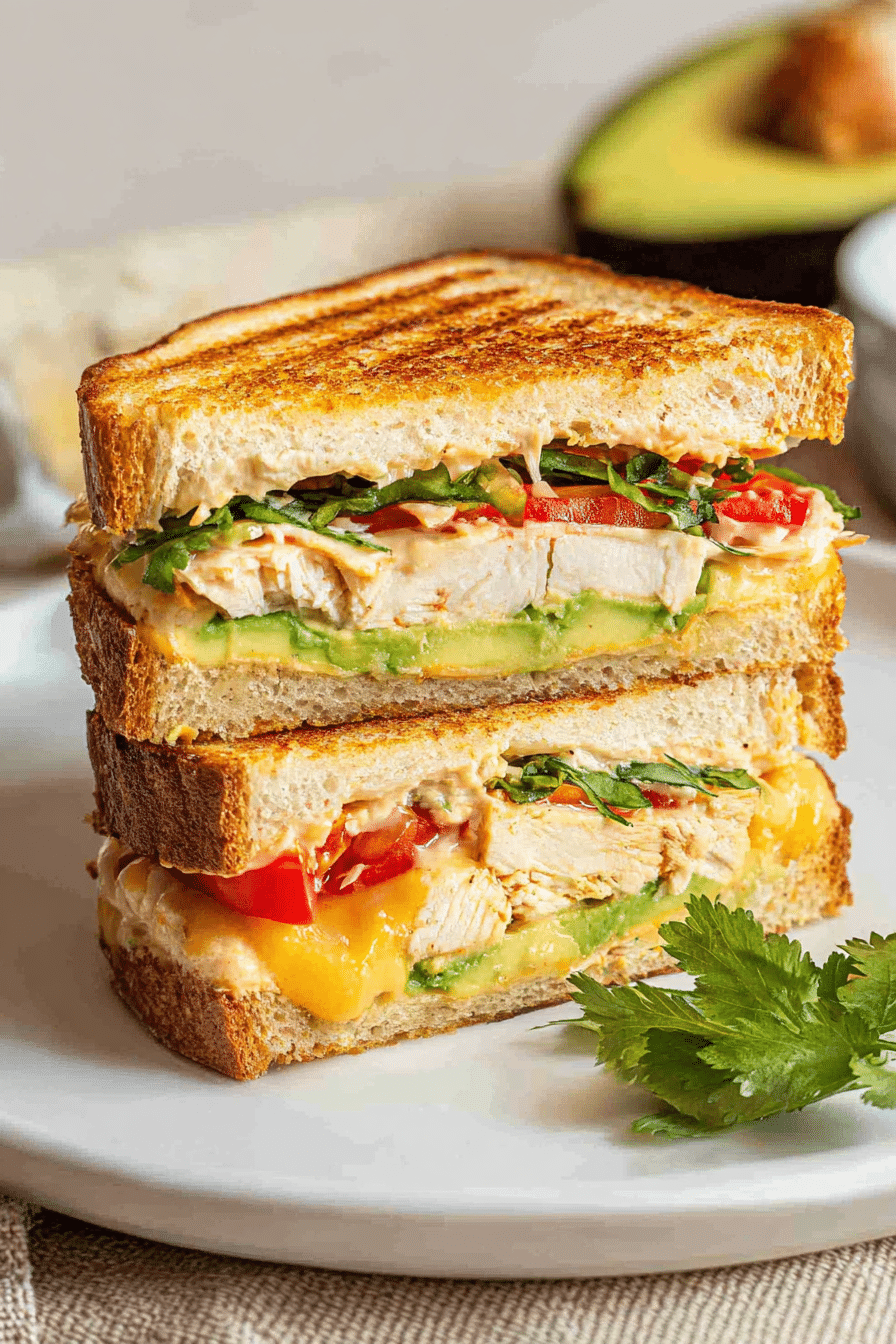 Close-up of Chipotle Chicken Avocado Melt sandwich with avocado slices, smoked chicken, and Peppadew peppers on toasted sourdough bread.