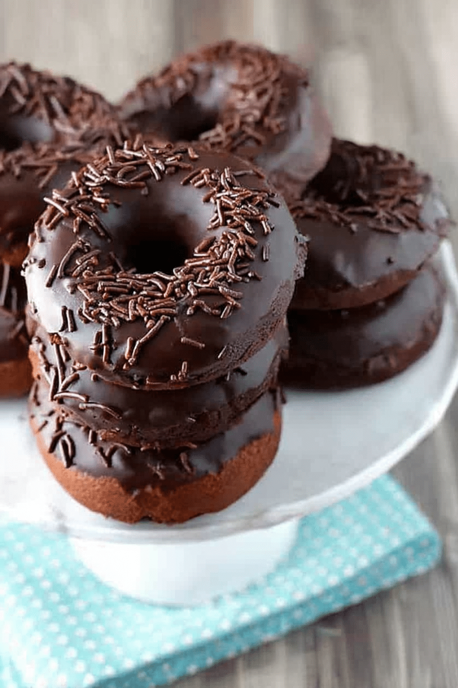 Chocolate baked cake donuts with chocolate ganache and colorful sprinkles on a wooden table.