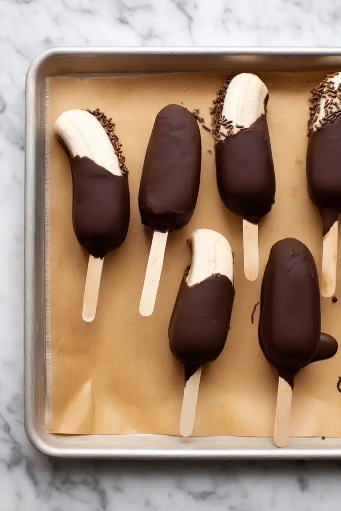 Chocolate covered banana pop topped with sprinkles and nuts, served on a wooden table.