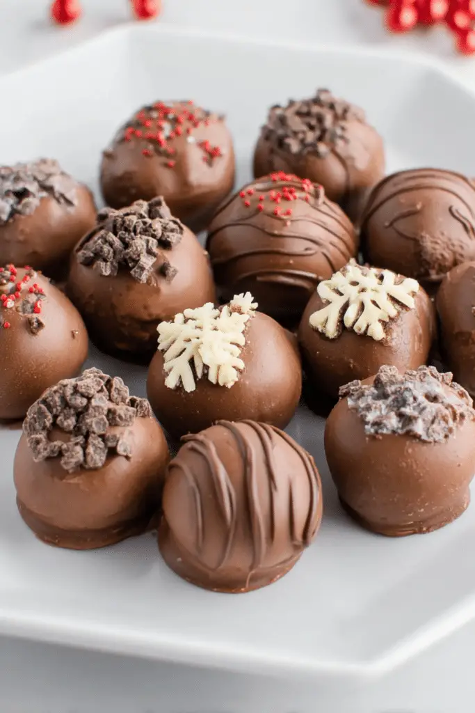 Close-up view of chocolate cream cheese truffles with colorful sprinkles on a decorative plate.