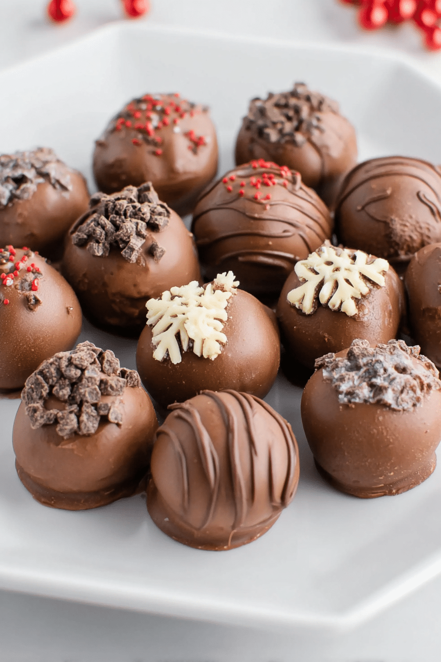 Close-up view of chocolate cream cheese truffles with colorful sprinkles on a decorative plate.
