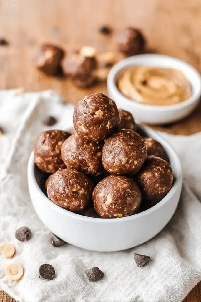 Delicious chocolate peanut butter protein balls arranged on a wooden board, surrounded by cocoa powder and chocolate chips.