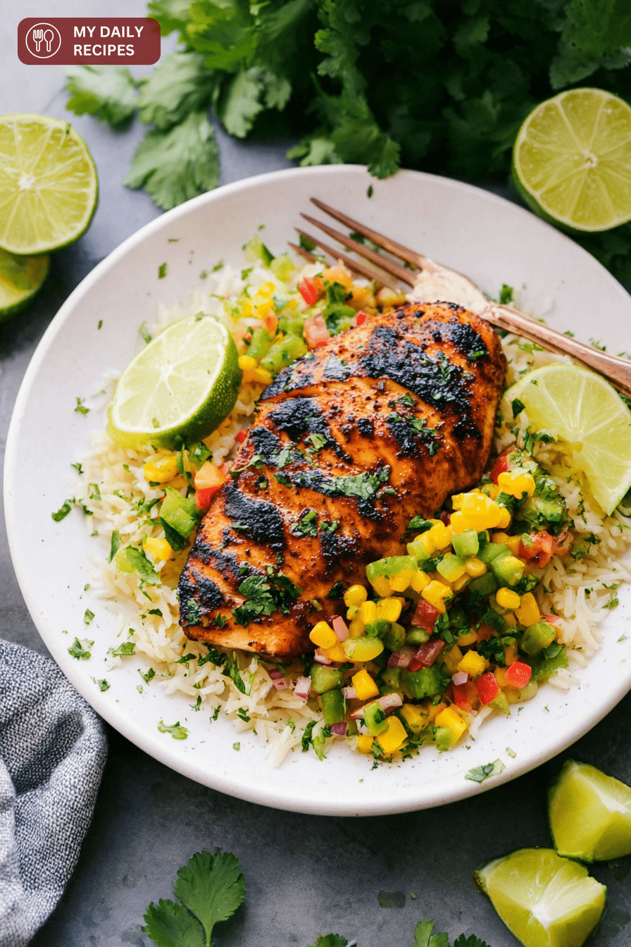 Plated cilantro lime chicken with mango-avocado salsa and cilantro-lime rice garnished with lime wedges.