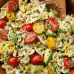 Cilantro lime pasta salad with corn, cherry tomatoes, and avocado on a picnic table.