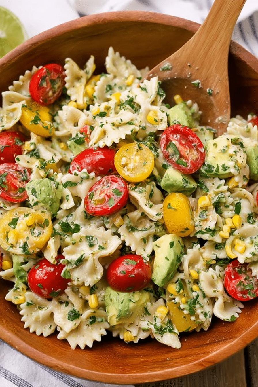 Cilantro lime pasta salad with corn, cherry tomatoes, and avocado on a picnic table.