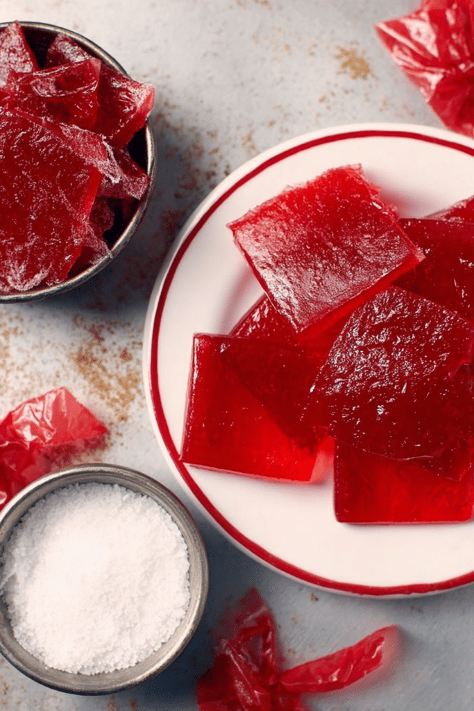 Close-up of shiny red cinnamon hard candy pieces on a rustic wooden table.
