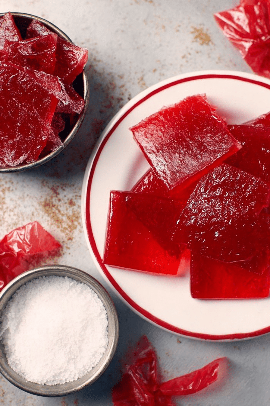 Close-up of shiny red cinnamon hard candy pieces on a rustic wooden table.
