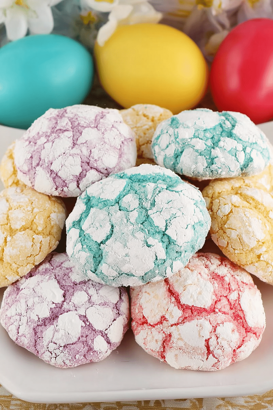 Close-up of colorful lemon crinkle cookies on a plate, dusted with powdered sugar.