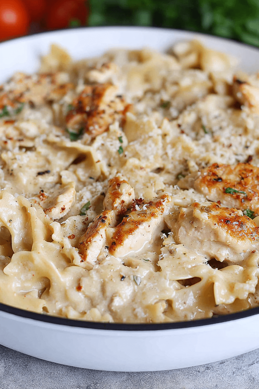 Creamy chicken garlic parmesan pasta topped with parmesan and parsley.