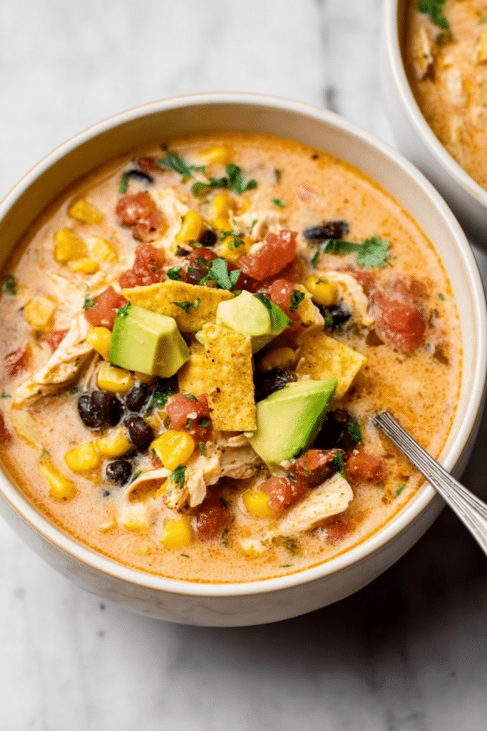 Delicious creamy chicken taco soup topped with avocado, shredded cheese, and cilantro in a rustic setting.