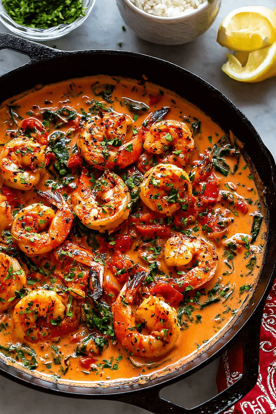 Creamy garlic-paprika shrimp skillet with spinach and red bell peppers, garnished with parsley.