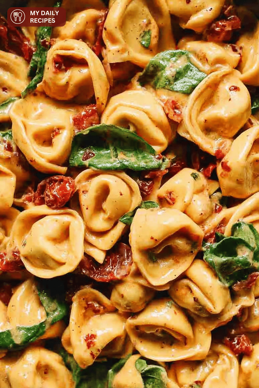 Close-up of creamy Marry Me Tortellini with spinach and Parmesan cheese, served in a bowl.