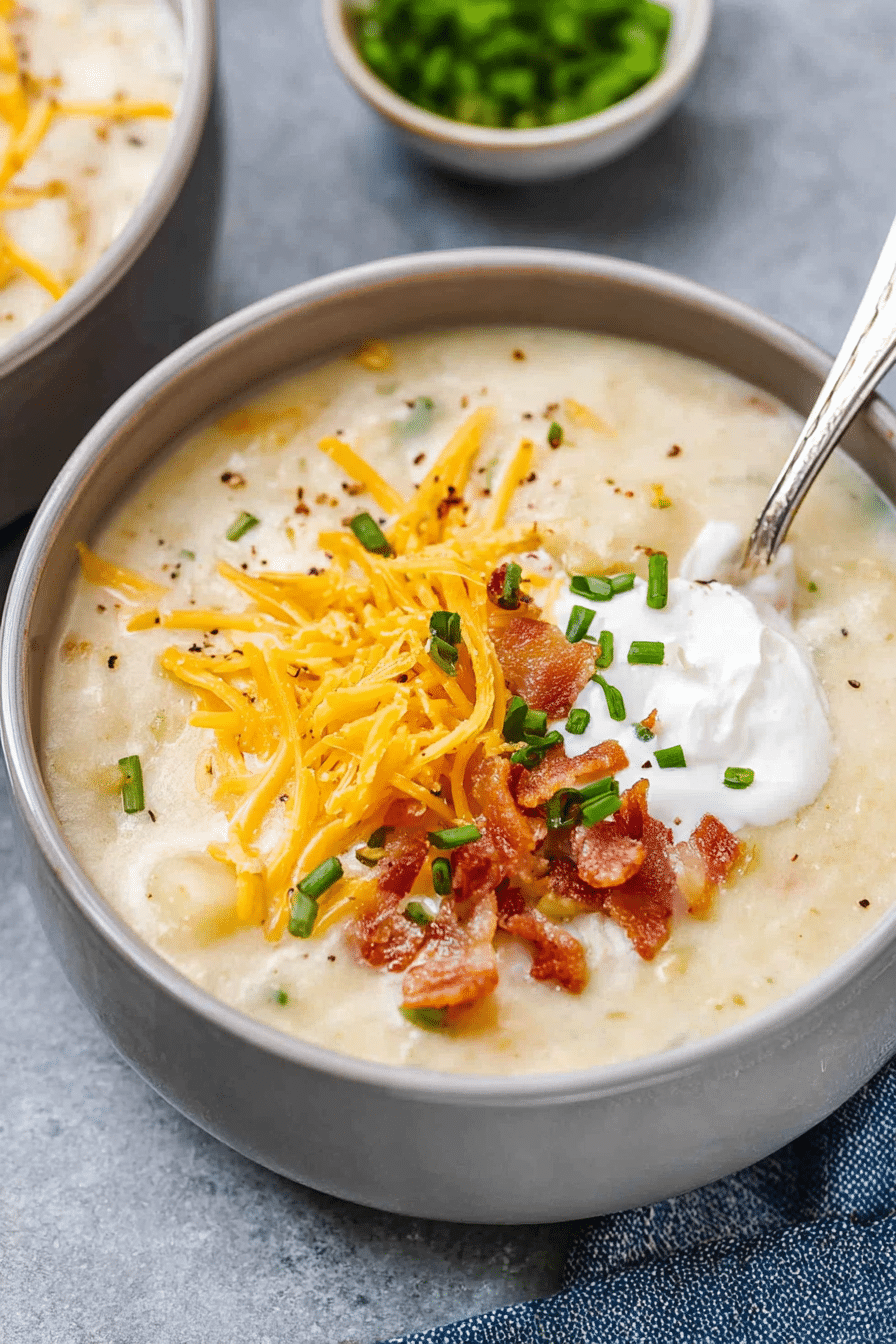 Delicious creamy potato soup garnished with bacon, cheddar cheese and green onions on a rustic wooden table.