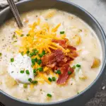 Creamy potato soup topped with green onions and bacon, ready to serve in a rustic bowl.
